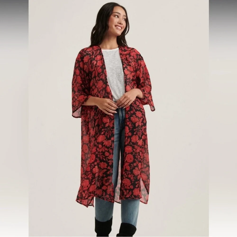 Lucky Brand Floral Duster Kimono - Black and Red - Picture 1 of 8